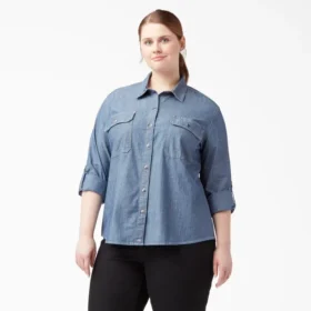 Camicia da lavoro in chambray con risvolto per donne taglie forti